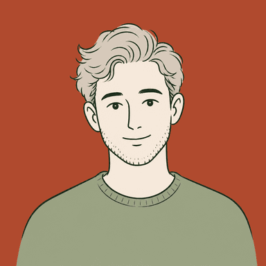 Illustrated portrait of finn: wavy grey hair, sage sweater, terracotta background