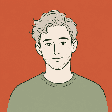 Illustrated portrait of finn: wavy grey hair, sage sweater, terracotta background