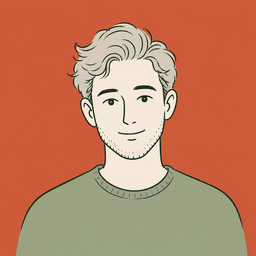 Illustrated portrait of finn: wavy grey hair, sage sweater, terracotta background